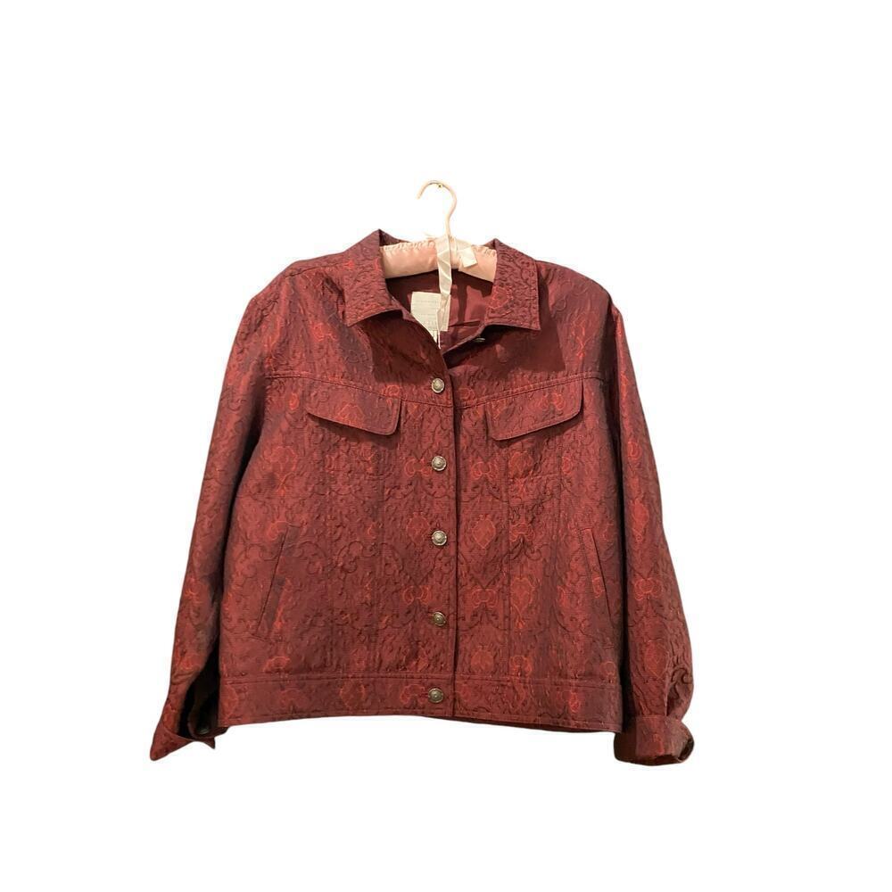 J Jill Red Floral Print Jaquard Embossed Button Front Trucker Jacket Size Medium